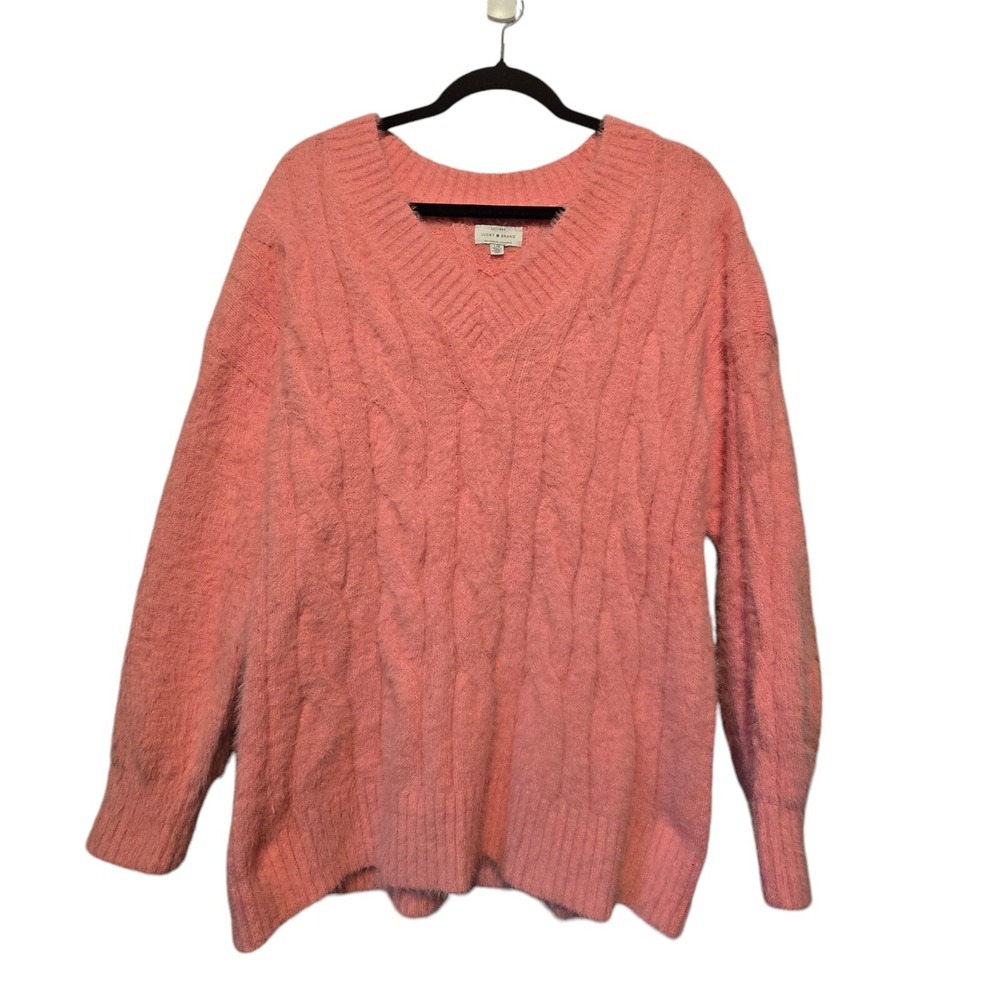 Lucky Brand Cable Knit Sweater Women LG Fuzzy Chunky Pink Cottage Fairy Coquette